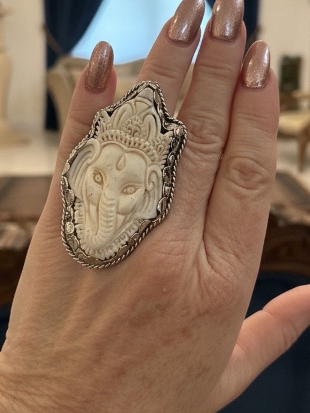 Hand-Carved Ganesha Statement Ring in White and Silver
